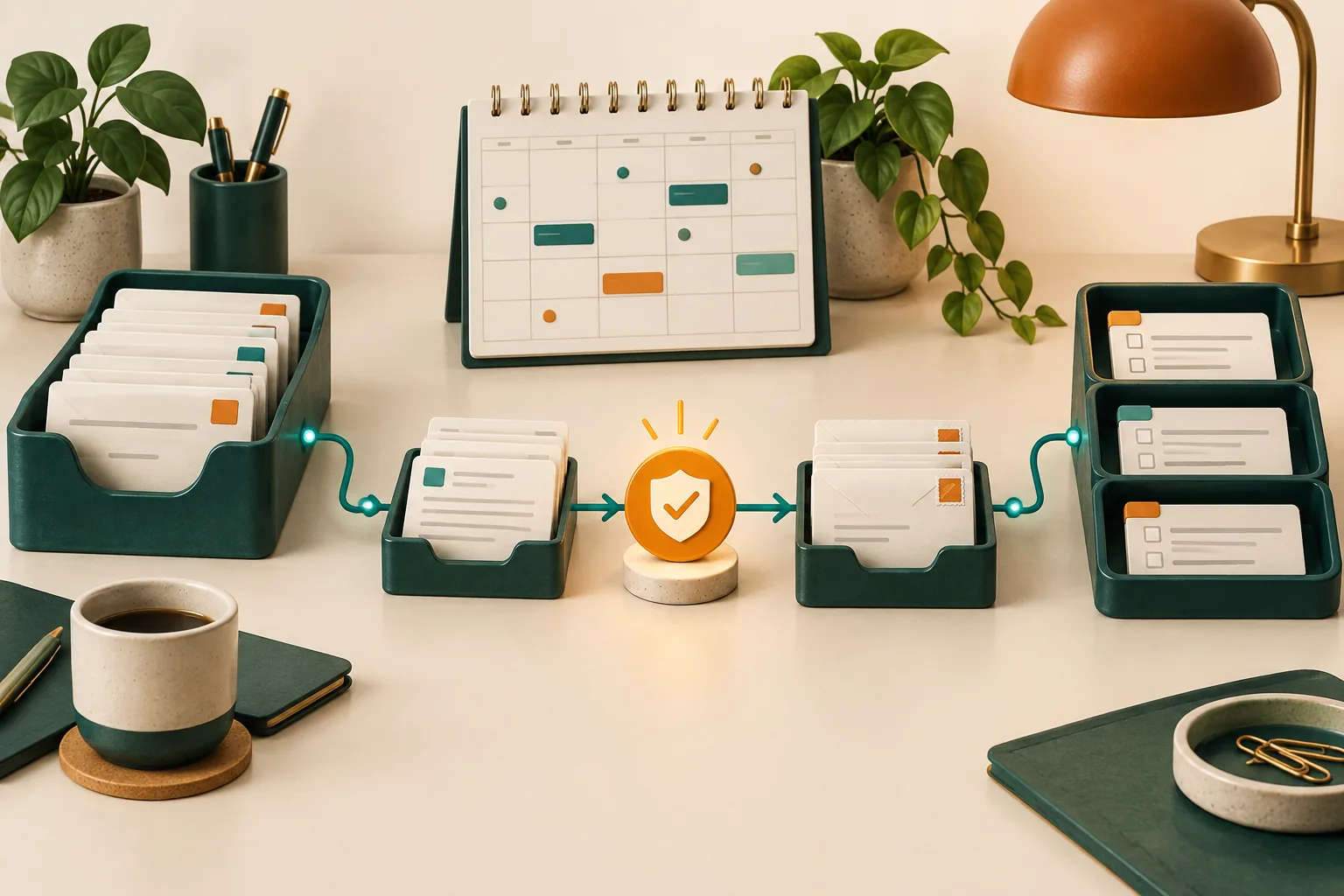 Inbox and follow-up trays connected through an approval checkpoint beside a calendar.