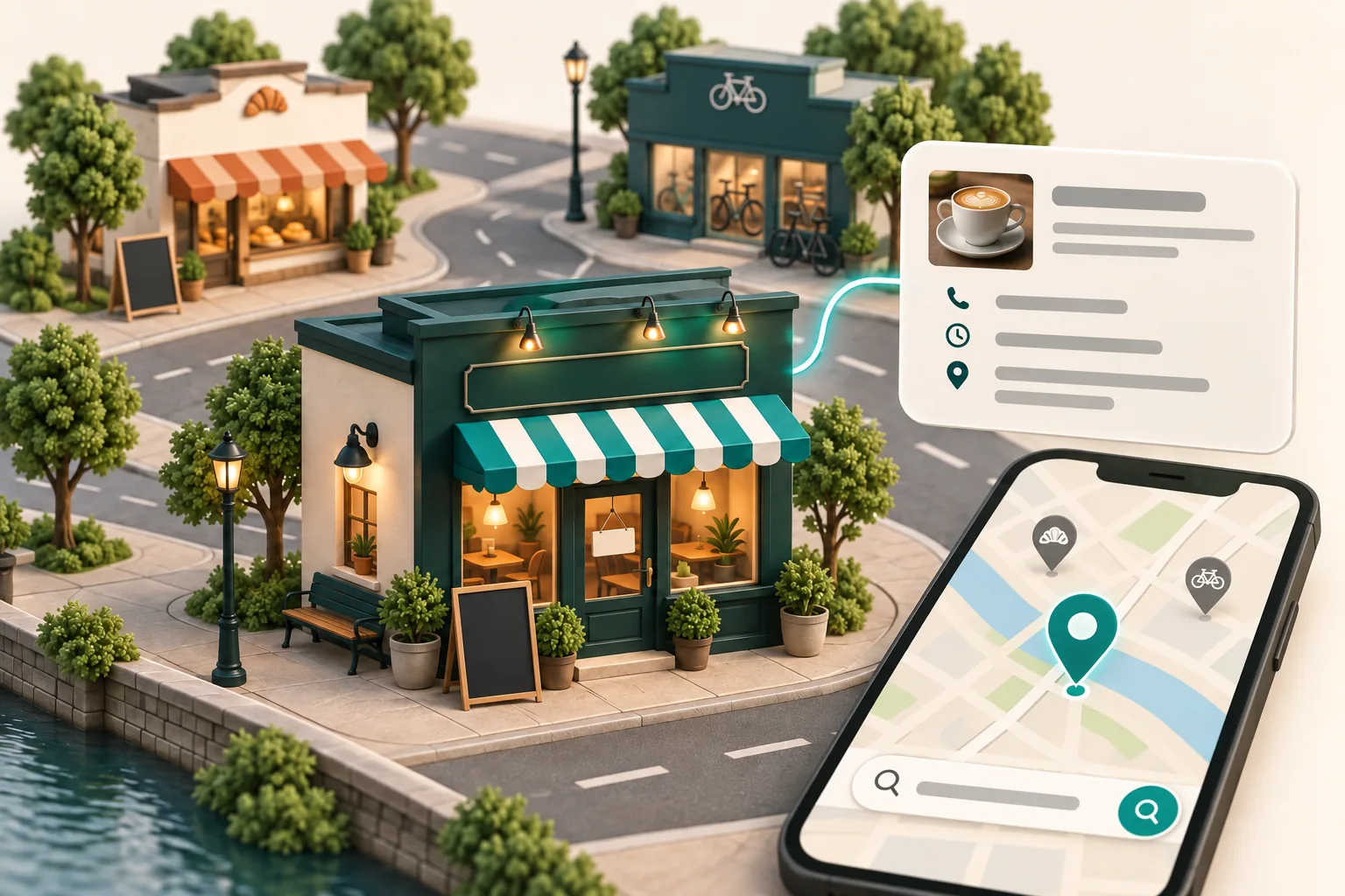 Conceptual storefront linked to a business profile and a map pin.