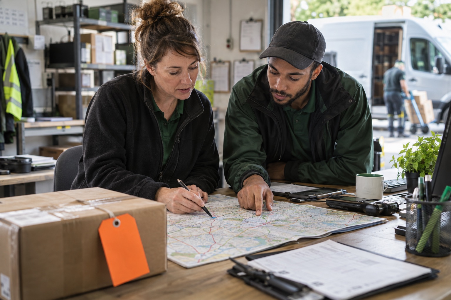 Dispatcher and courier reviewing a route map beside a parcel marked for attention.