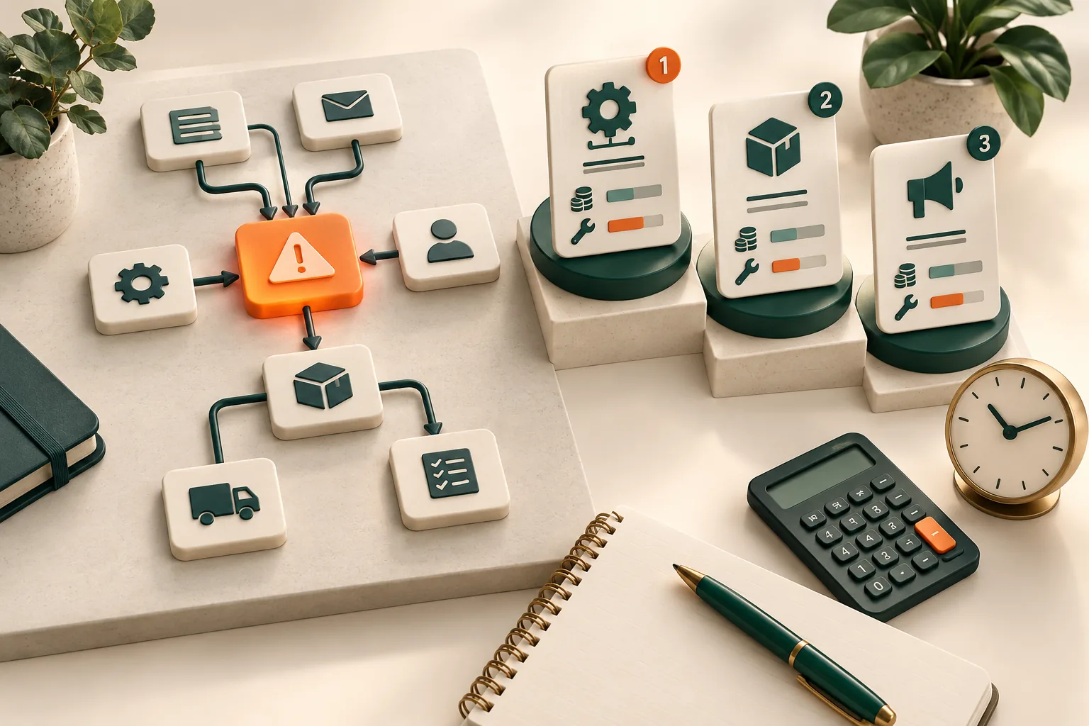 A process bottleneck beside prioritised project cards, a calculator and a clock.