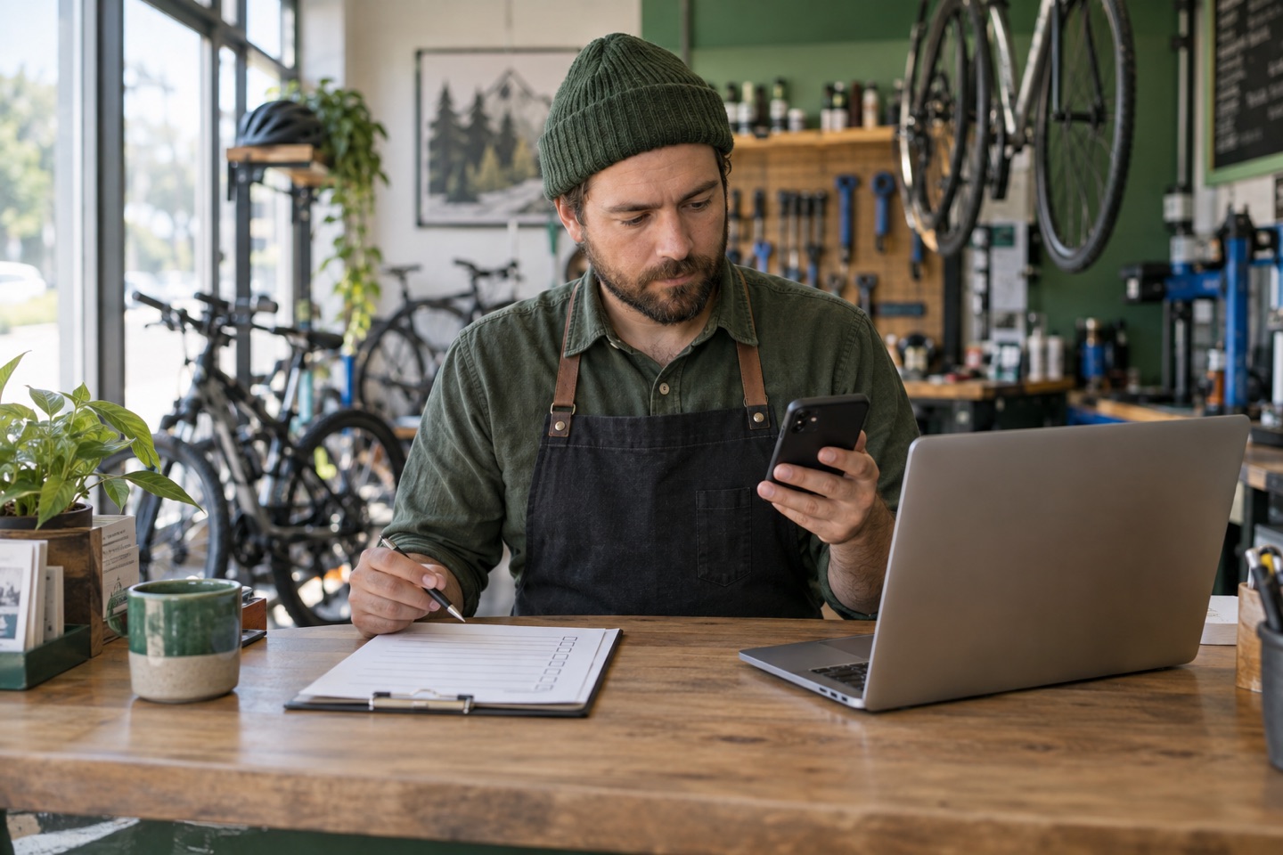 Bicycle repair shop owner comparing a smartphone with a paper checklist at the counter.