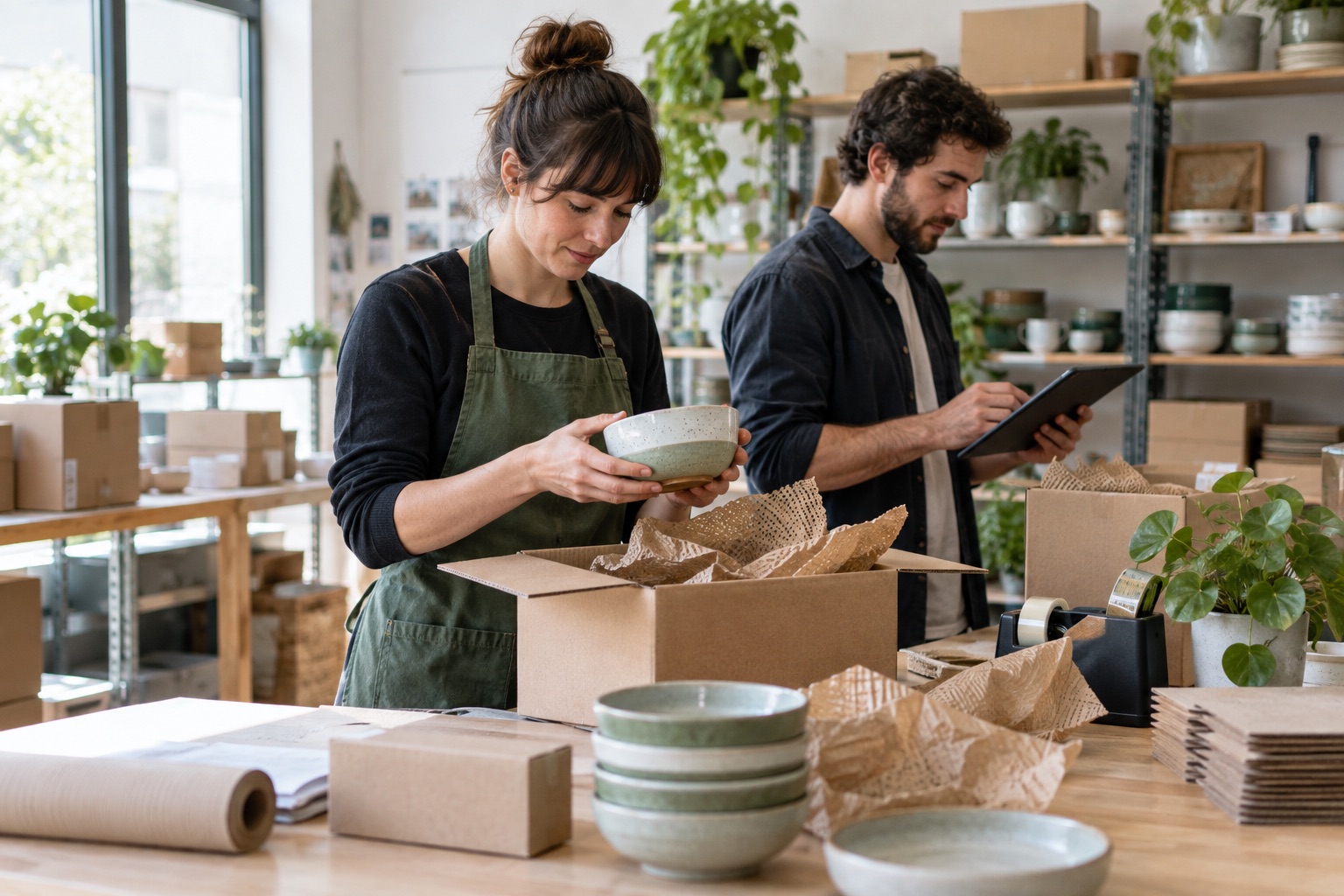 Online shop team checking and packing a ceramic homewares order.