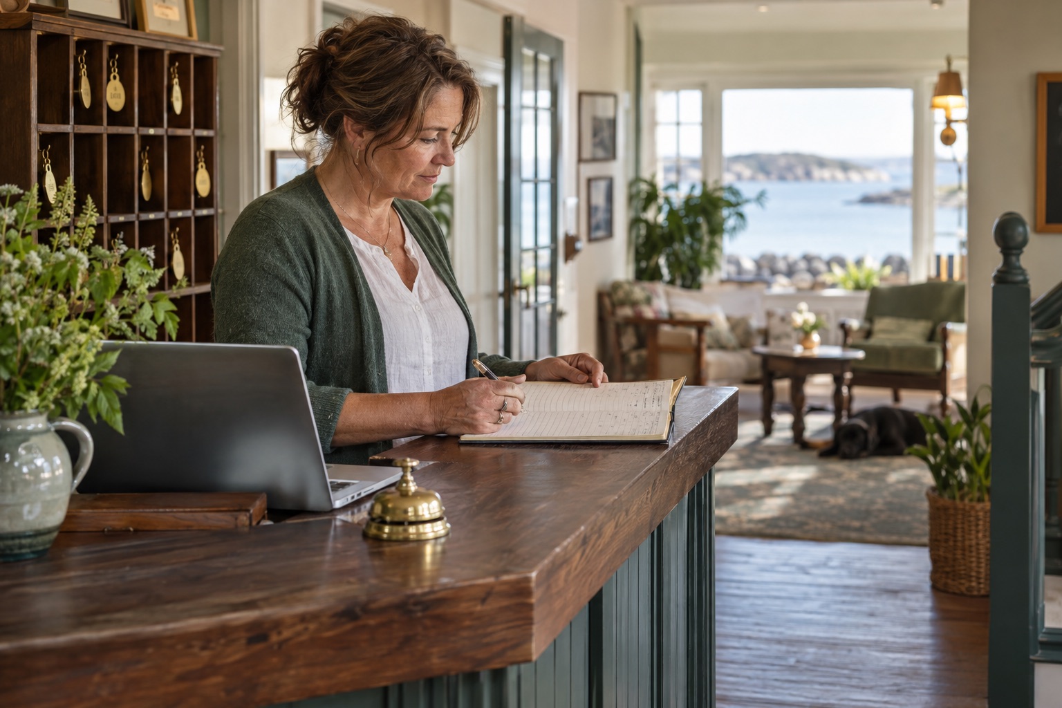 Innkeeper reviewing an appointment book at a small coastal inn reception desk.