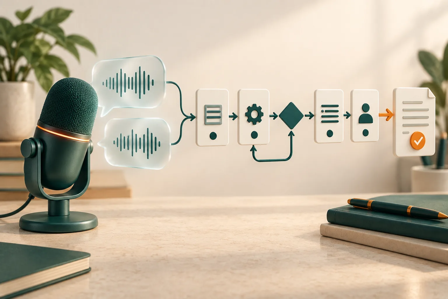 A microphone and speech waveforms becoming a process map and reviewed document.