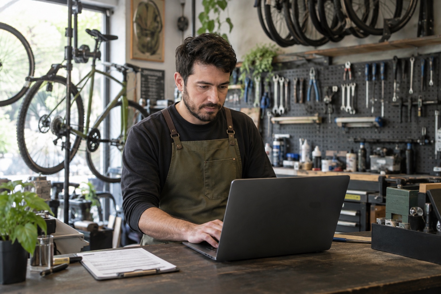 Bicycle shop owner reviewing customer enquiries on a laptop at the service counter.