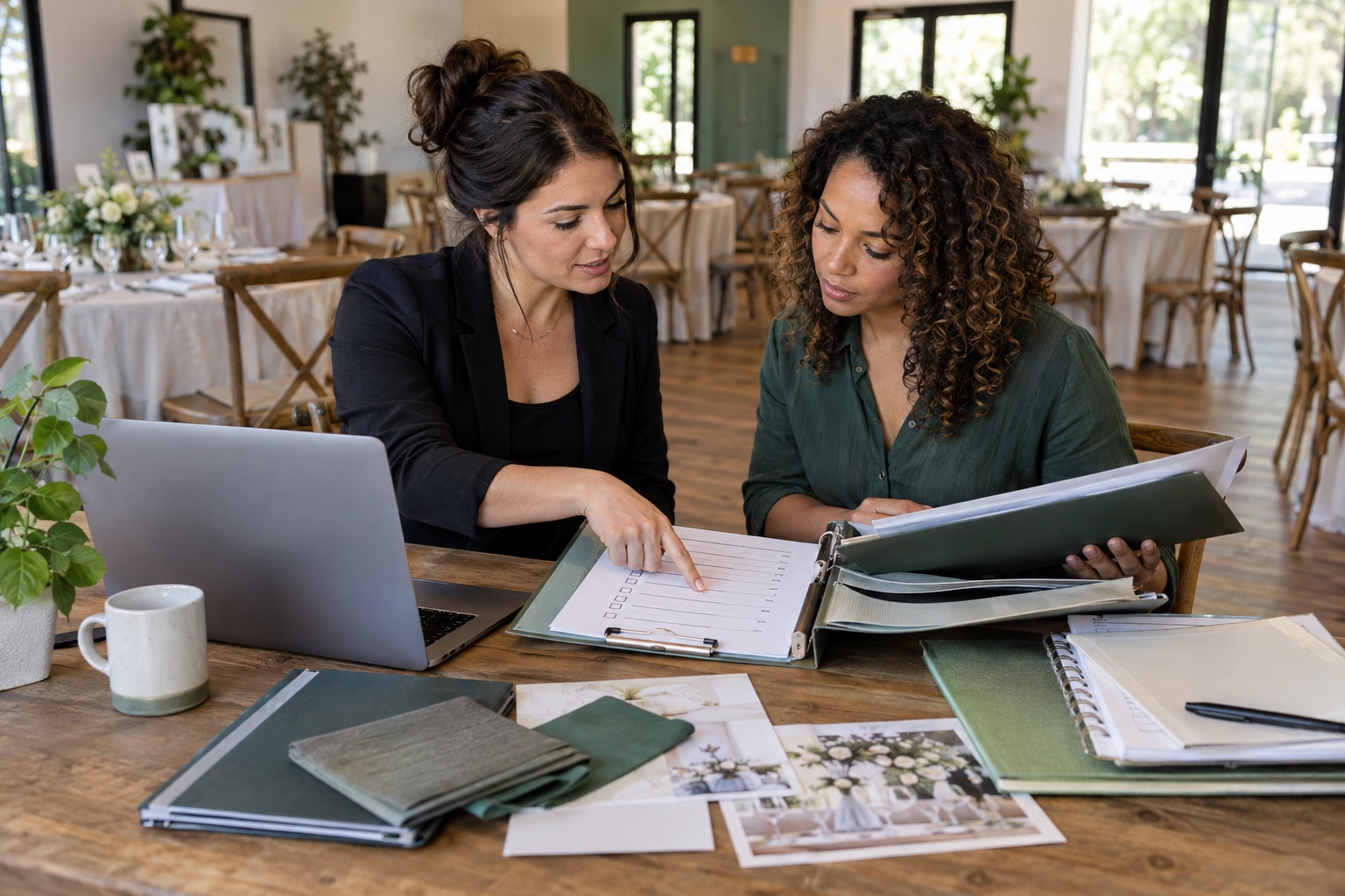Event coordinators reviewing supplier folders and a purchasing checklist.